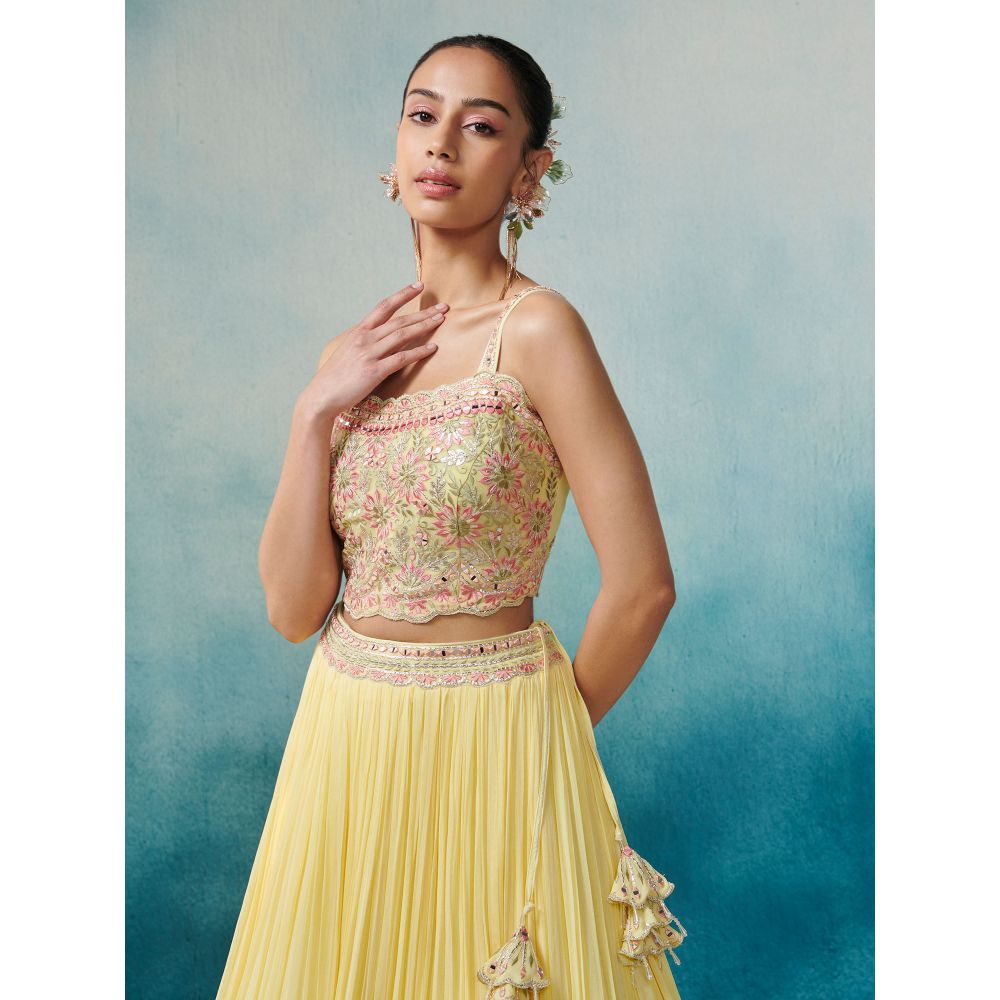 SUHINO Yellow Georgette Skirt Blouse & Cape (Set of 3)