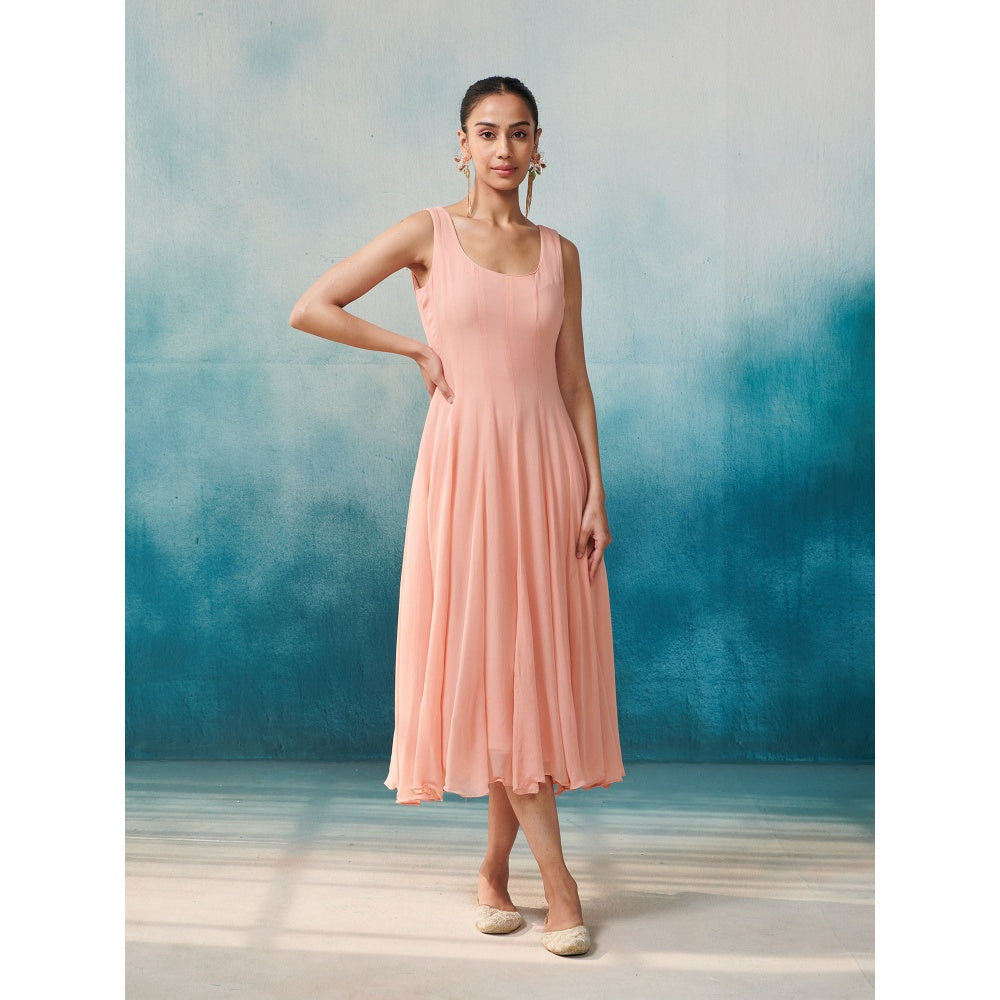 SUHINO Peach Georgette Dress & Cape (Set of 2)