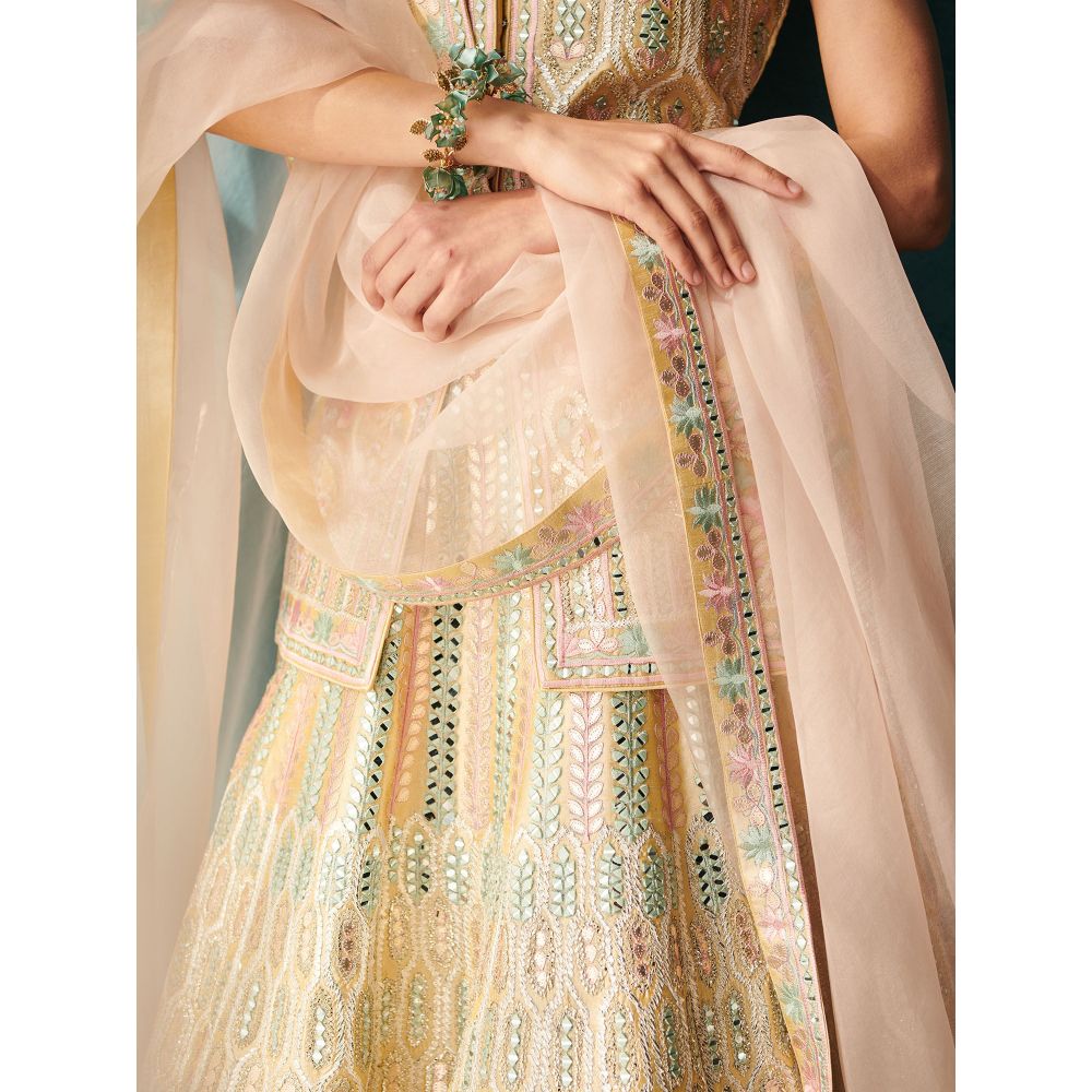 SUHINO Lemon Yellow Slub Silk Lehenga Jacket Inner & Dupatta (Set of 4)