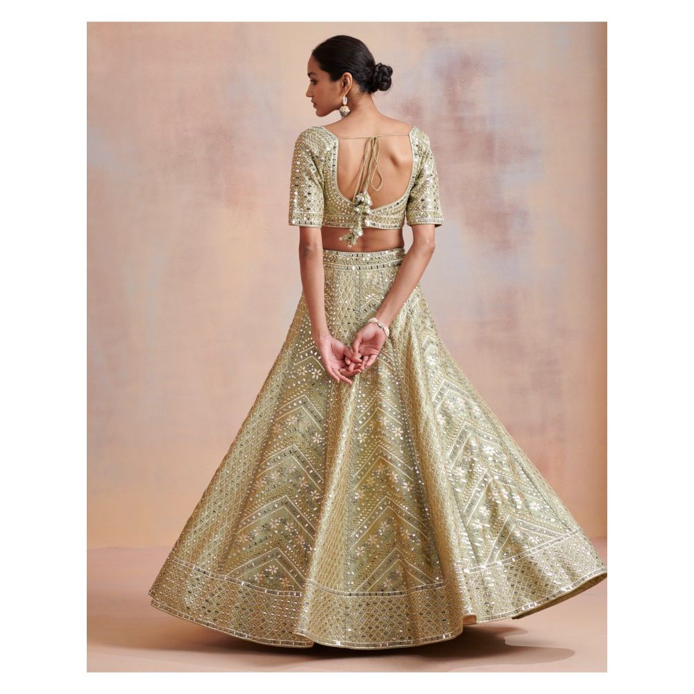 SUHINO Sage Green Slub Silk Lehenga with Blouse & Dupatta (Set of 3)