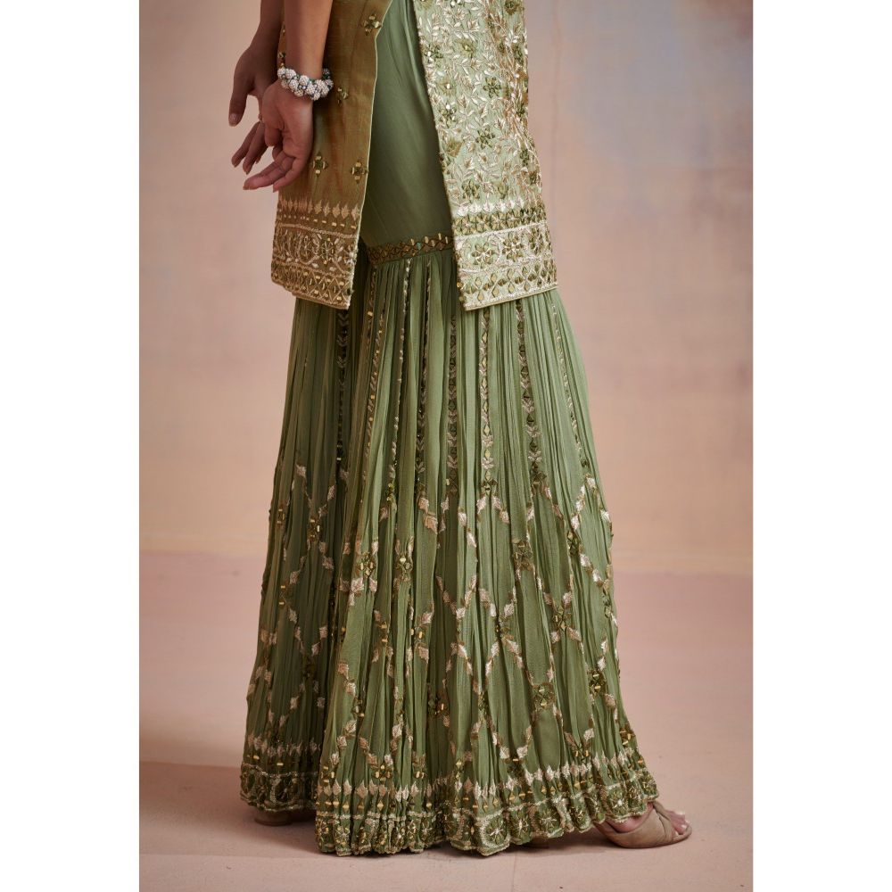 SUHINO Sage Green Slub Silk Kurta with Sharara & Dupatta (Set of 3)