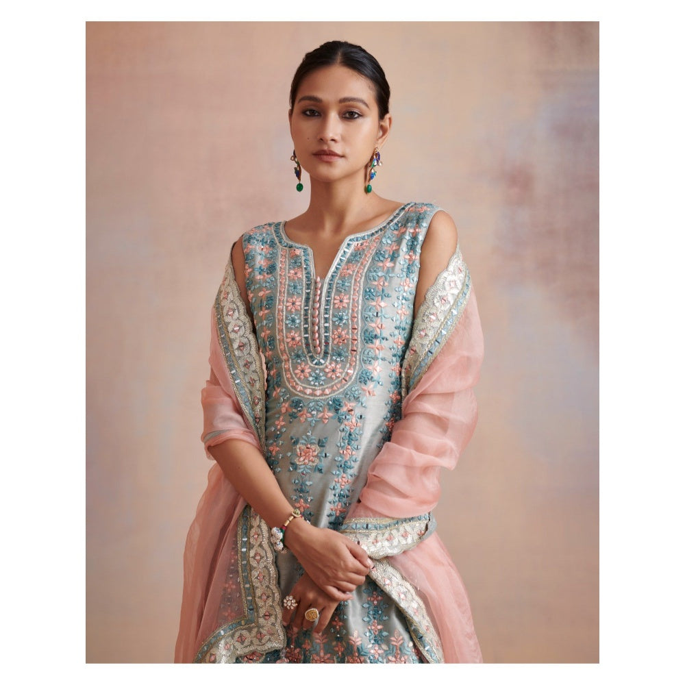 SUHINO Ice Blue Slub Silk Kurta with Sharara & Dupatta (Set of 3)