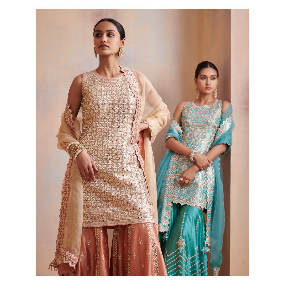 SUHINO Turquoise Tissue Kurta with Sharara & Dupatta (Set of 3)