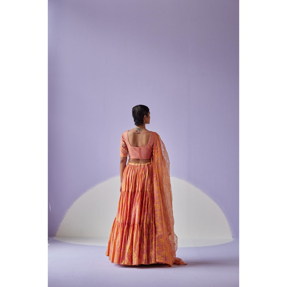 Surbhi Gupta Coral Tiered Lehenga with Blouse and Dupatta (Set of 3)