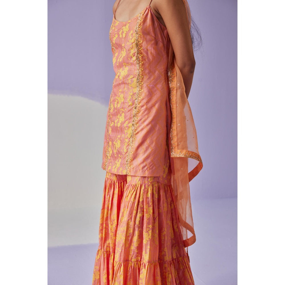 Surbhi Gupta Coral Tiered Sharara with Kurta and Dupatta (Set of 3)