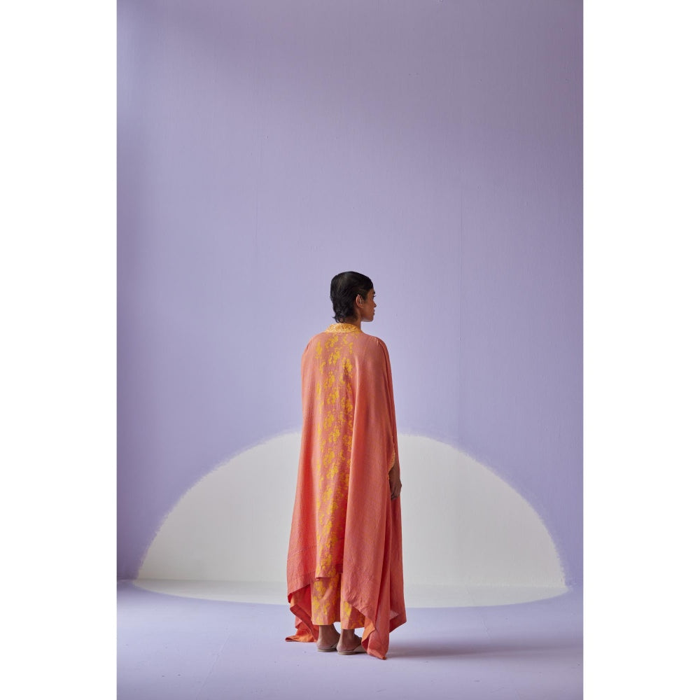 Surbhi Gupta Coral Crinkled Cape with Blouse and Trouser (Set of 3)