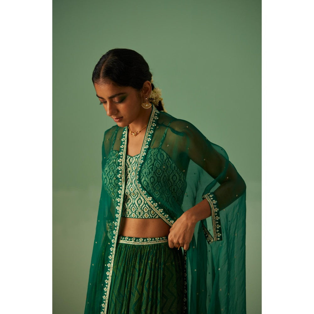 Surbhi Gupta Emerald Green Organza Cape, Blouse and Sharara (Set of 3)