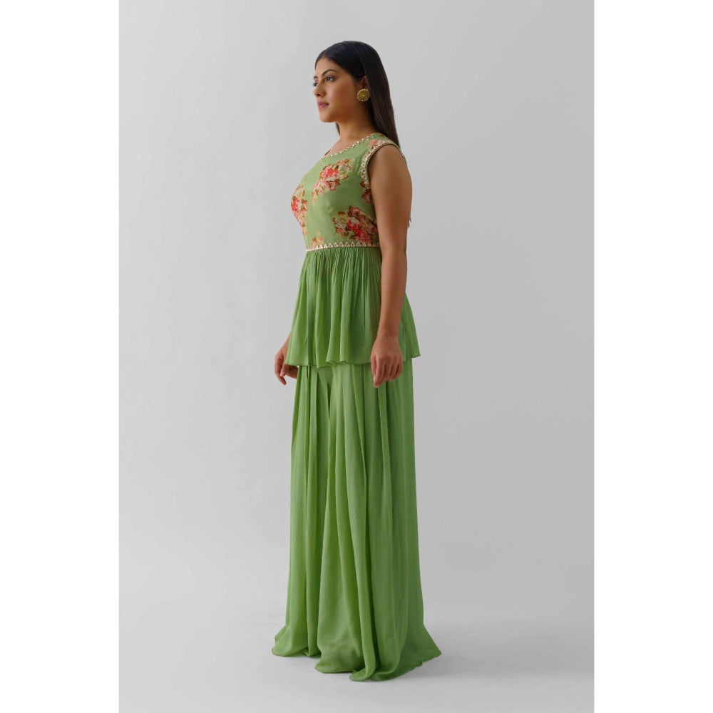 Suruchi Parakh Womens Green Floral Print Peplum Top and Palazzo (Set of 2)