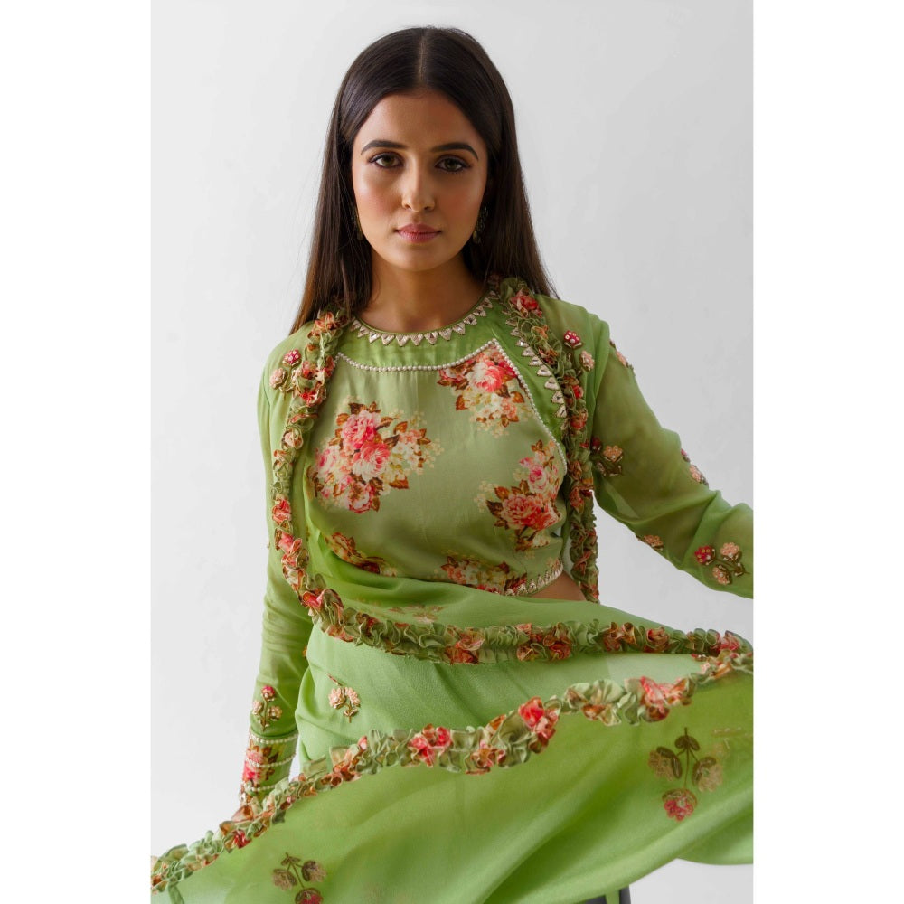 Suruchi Parakh Womens Green Floral Print Crop Top with Jacket and Palazzo (Set of 3)