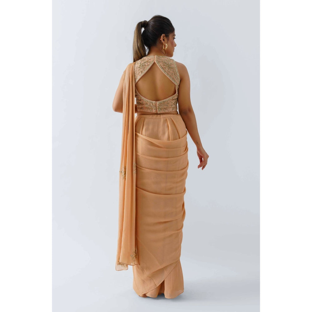 Suruchi Parakh Peach Embellished Pre Draped Saree with Blouse with Stitched