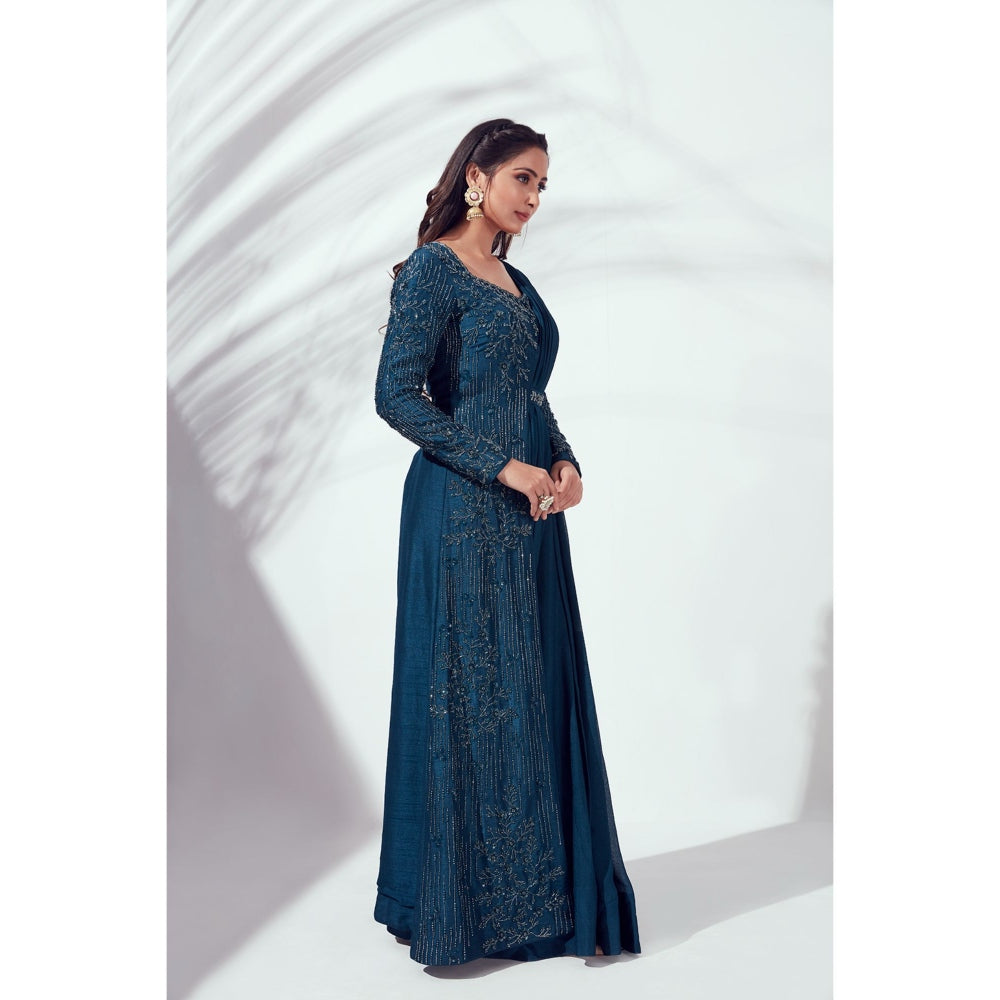 Suruchi Parakh Teal Embellished Pre Draped Saree and Blouse Jacket with Stitched