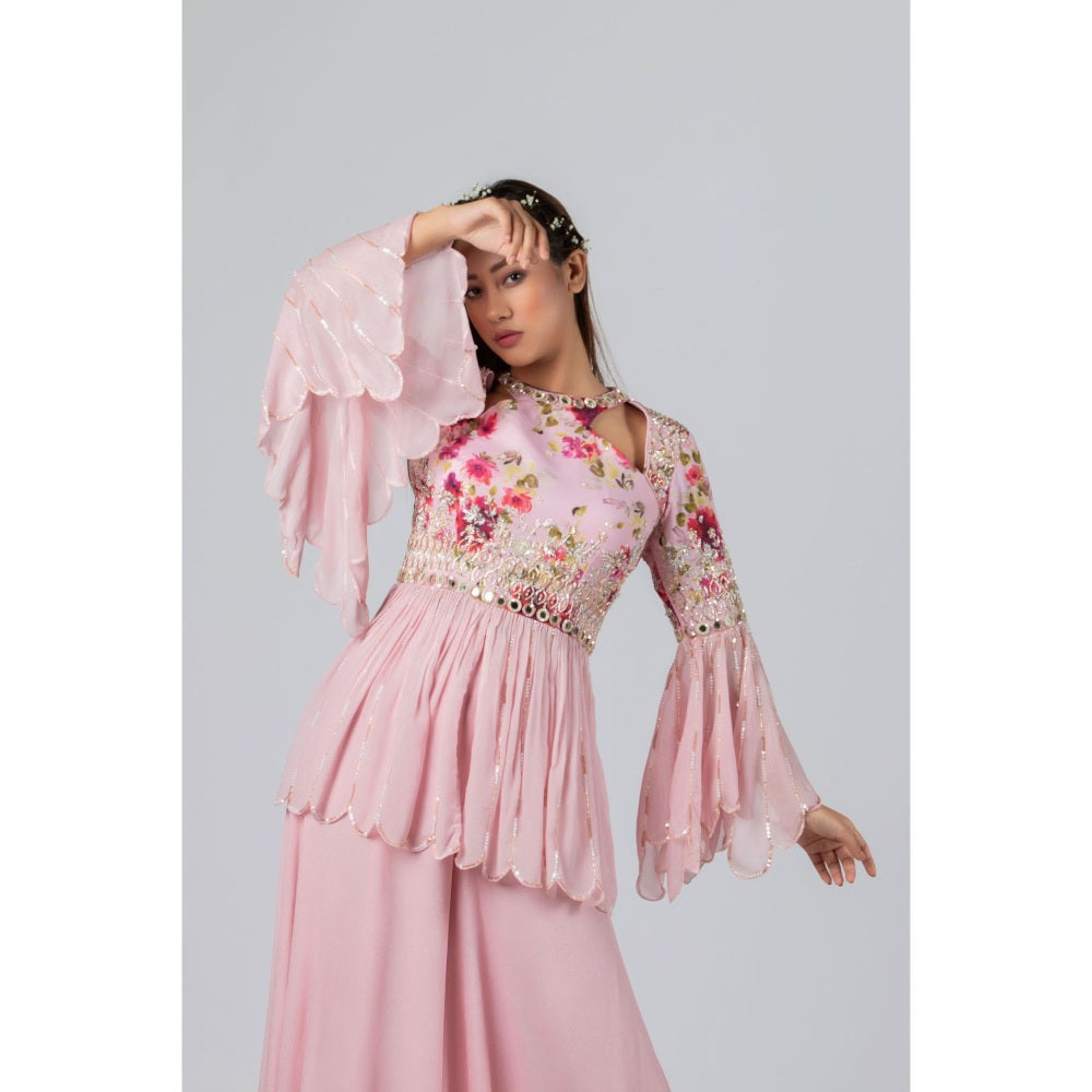 Suruchi Parakh Womens Pink Floral Print Peplum Top and Palazzo (Set of 2)