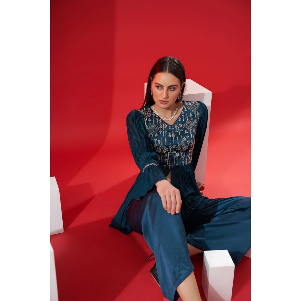 Suruchi Parakh Womens Teal Embellished V Neck Co-ord (Set of 2)