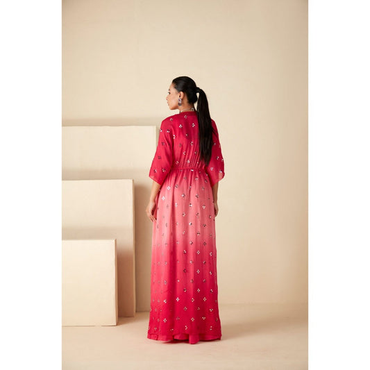 Suruchi Parakh Pink Womens Mirror Work Kaftan with Bustier and Palazzo (Set of 3)