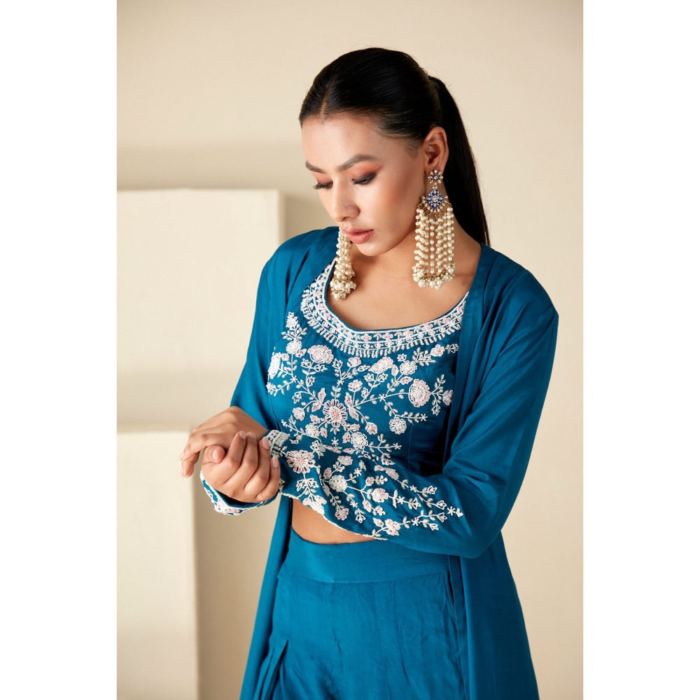 Suruchi Parakh Teal Jacket with Blouse and Palazzo (Set of 3)