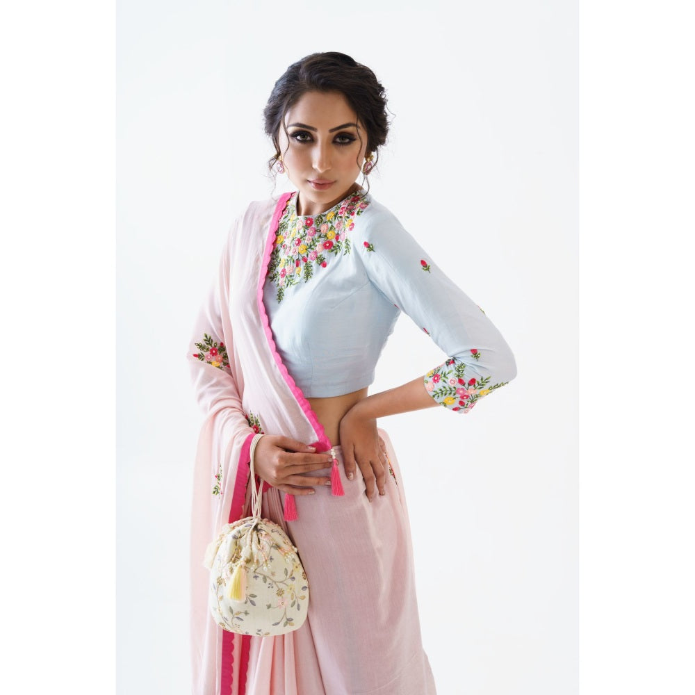 Suruchi Parakh Pink Embroidered Saree with Blouse and Petticoat with Stitched