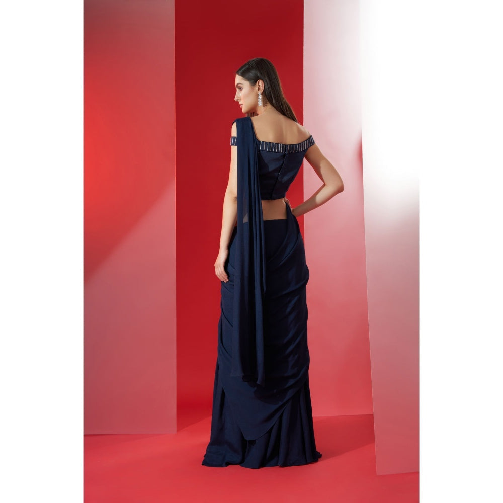 Suruchi Parakh Navy Blue Embroidered Pre Drape Saree and Blouse with Stitched