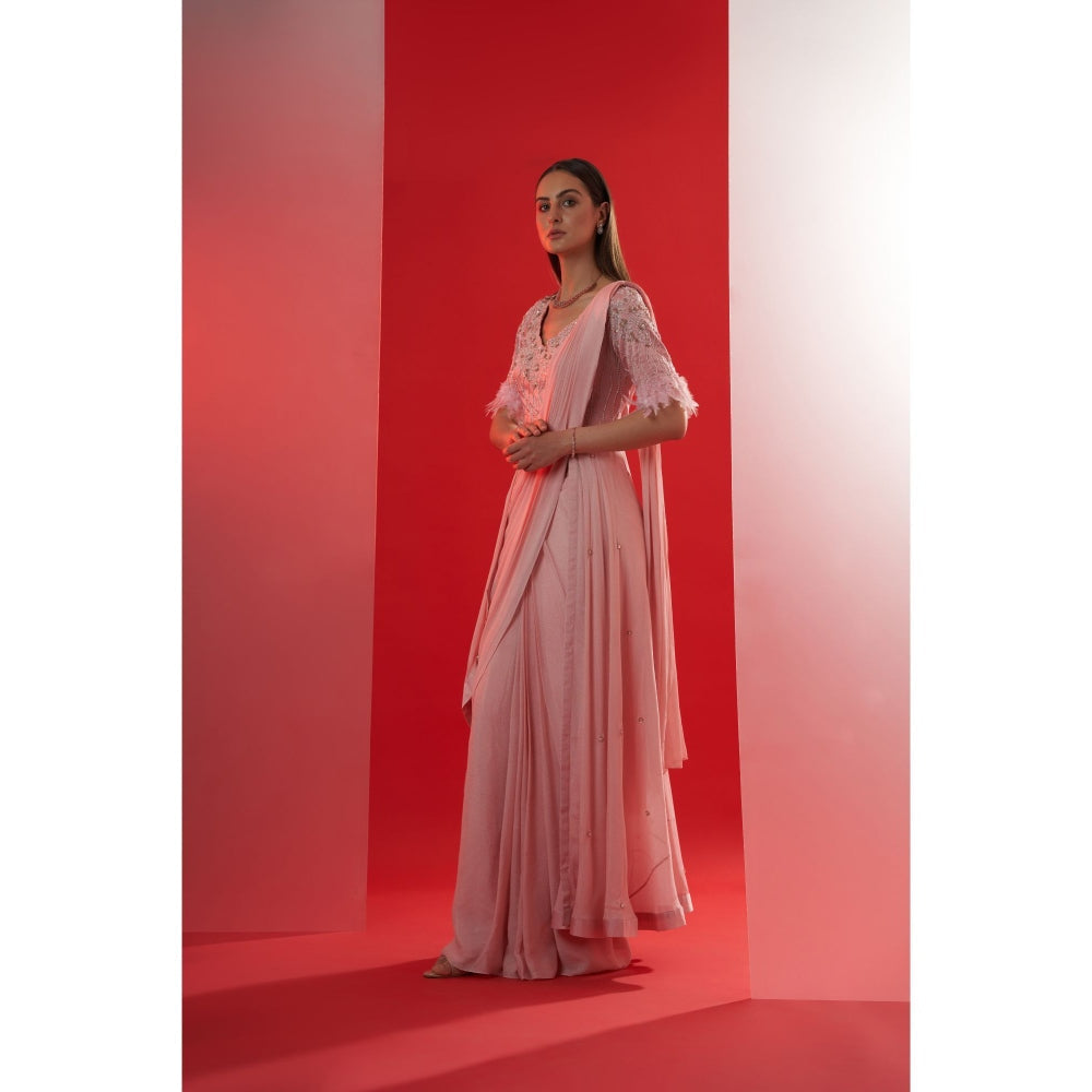 Suruchi Parakh Pink Embroidered Pre Drape Saree and Blouse Jacket with Stitched