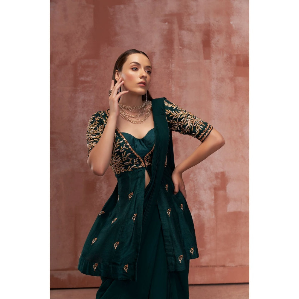 Suruchi Parakh Green Embroidered Pre Drape Saree with Bustier and Peplum Blouse with Stitched