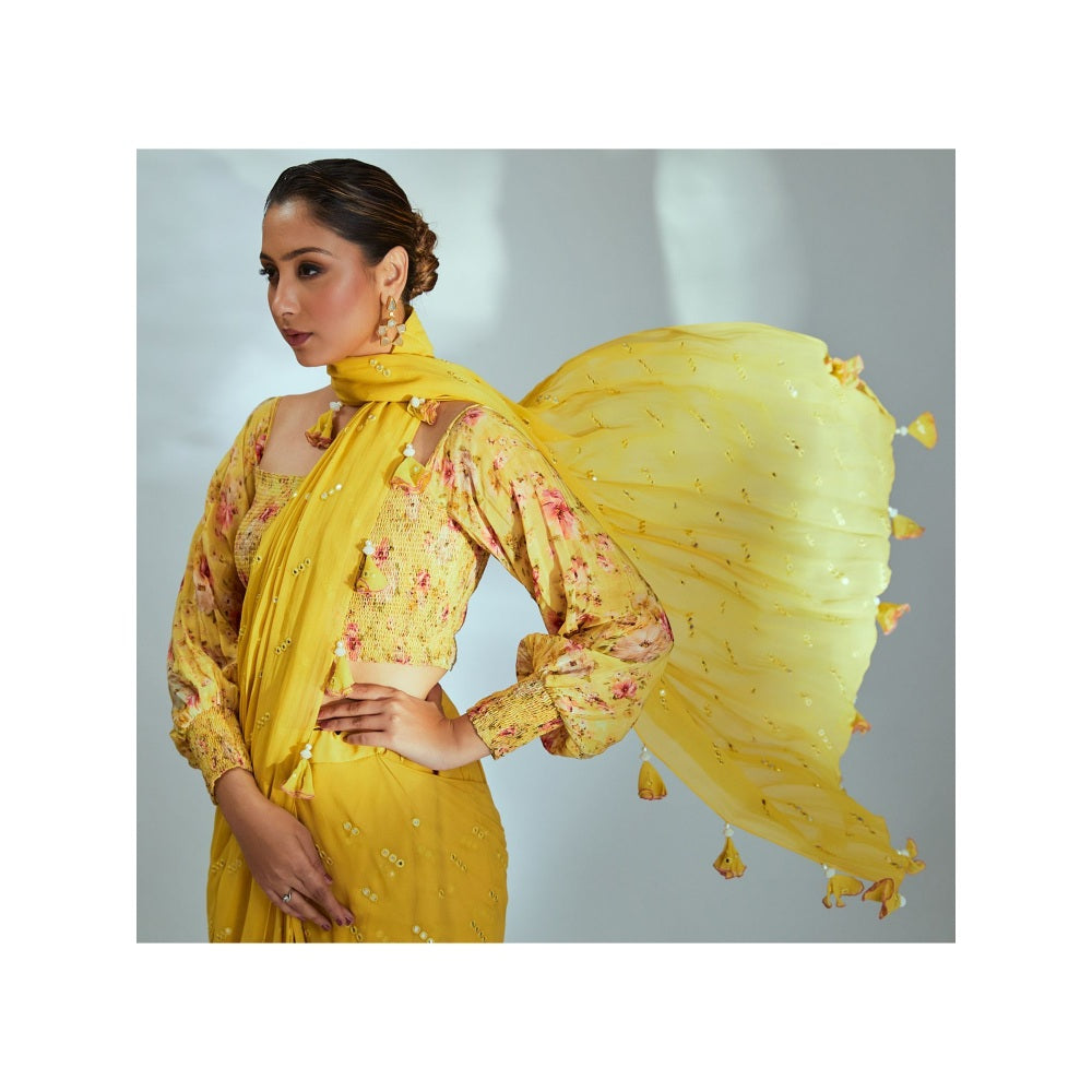 Suruchi Parakh Yellow Embellished Pre Drape Saree and Blouse with Stitched