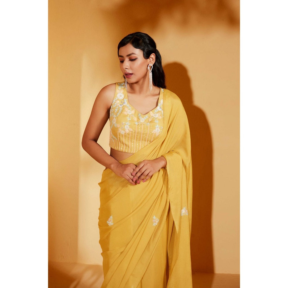 Suruchi Parakh Yellow Embellished Saree with Petticoat and Blouse with Stitched