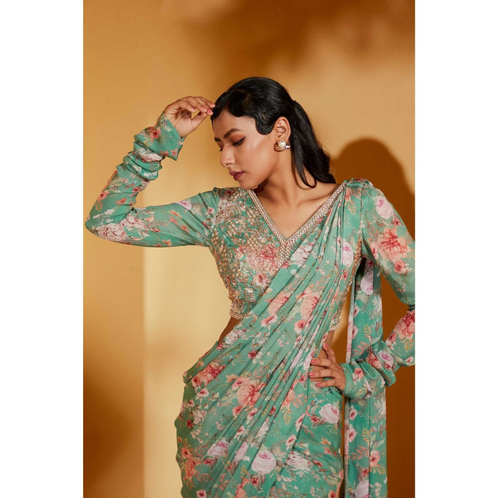 Suruchi Parakh Turquoise Floral Print Pre Drape Saree and Blouse with Stitched