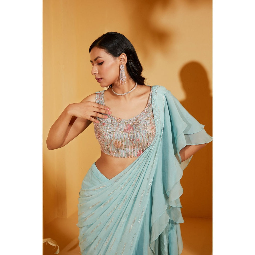 Suruchi Parakh Blue Embellished Pre Drape Saree and Blouse with Stitched
