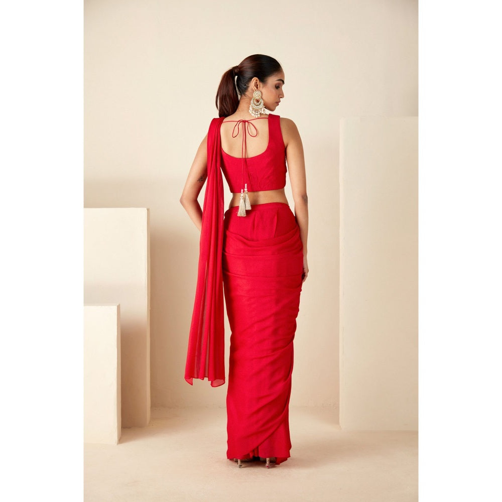 Suruchi Parakh Red Embroidered Pre Drape Sarees and Blouse with Stitched