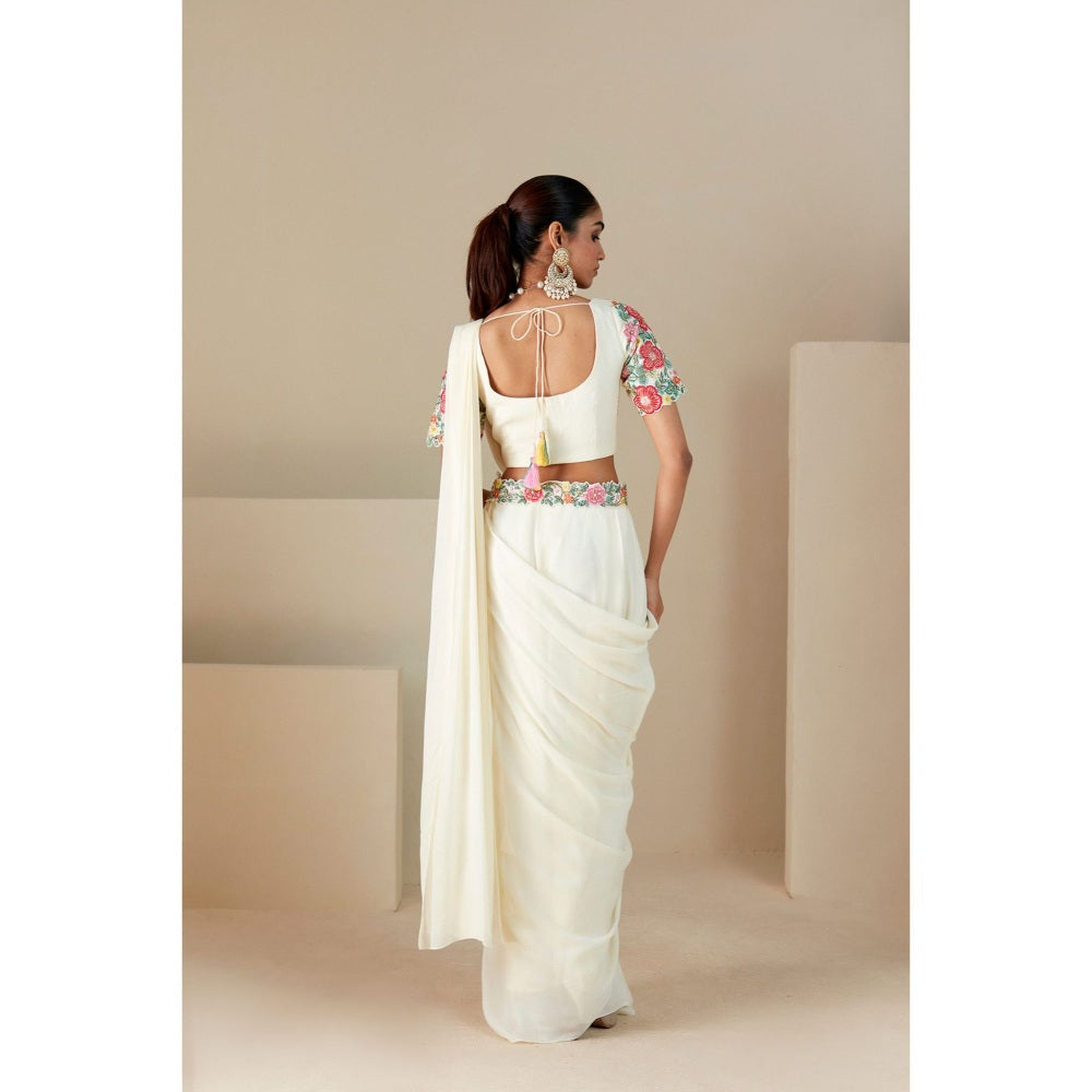 Suruchi Parakh Off White Embroidered Pre Drape Sarees with Blouse and Belt with Stitched
