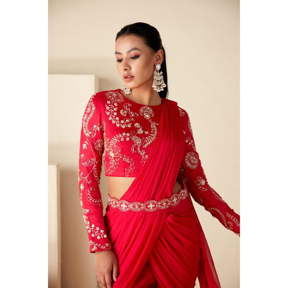 Suruchi Parakh Red Embroidered Pre Drape Sarees with Belt and Blouse with Stitched