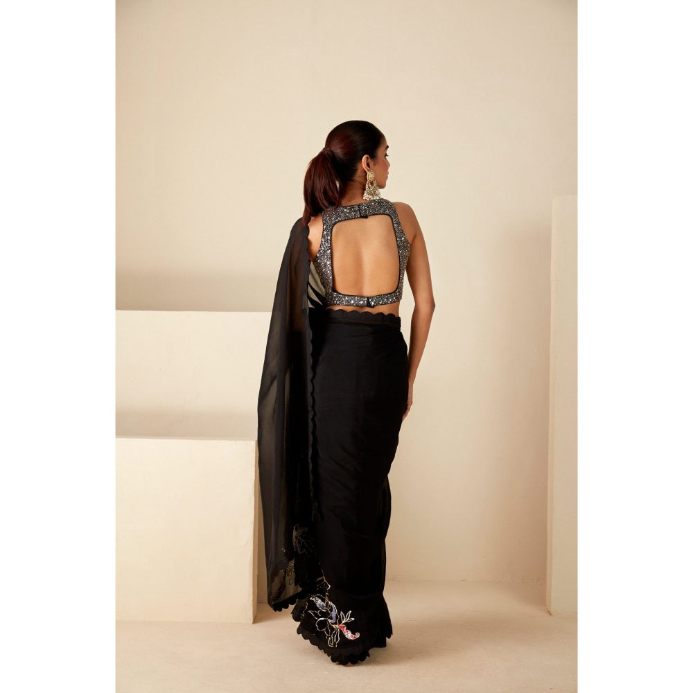 Suruchi Parakh Black Embroidered Saree with Petticoat and Blouse with Stitched