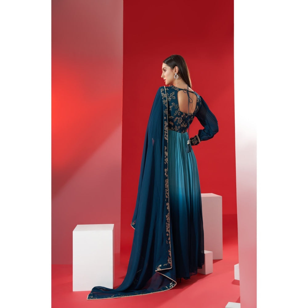 Suruchi Parakh Womens Teal Embellished Anarkali Kurta and Dupatta (Set of 2)