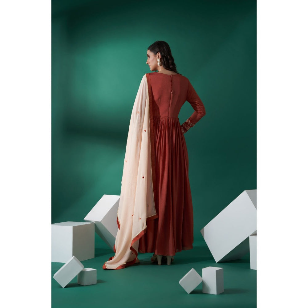 Suruchi Parakh Womens Rust Mirror Work Anarkali Kurta and Dupatta (Set of 2)