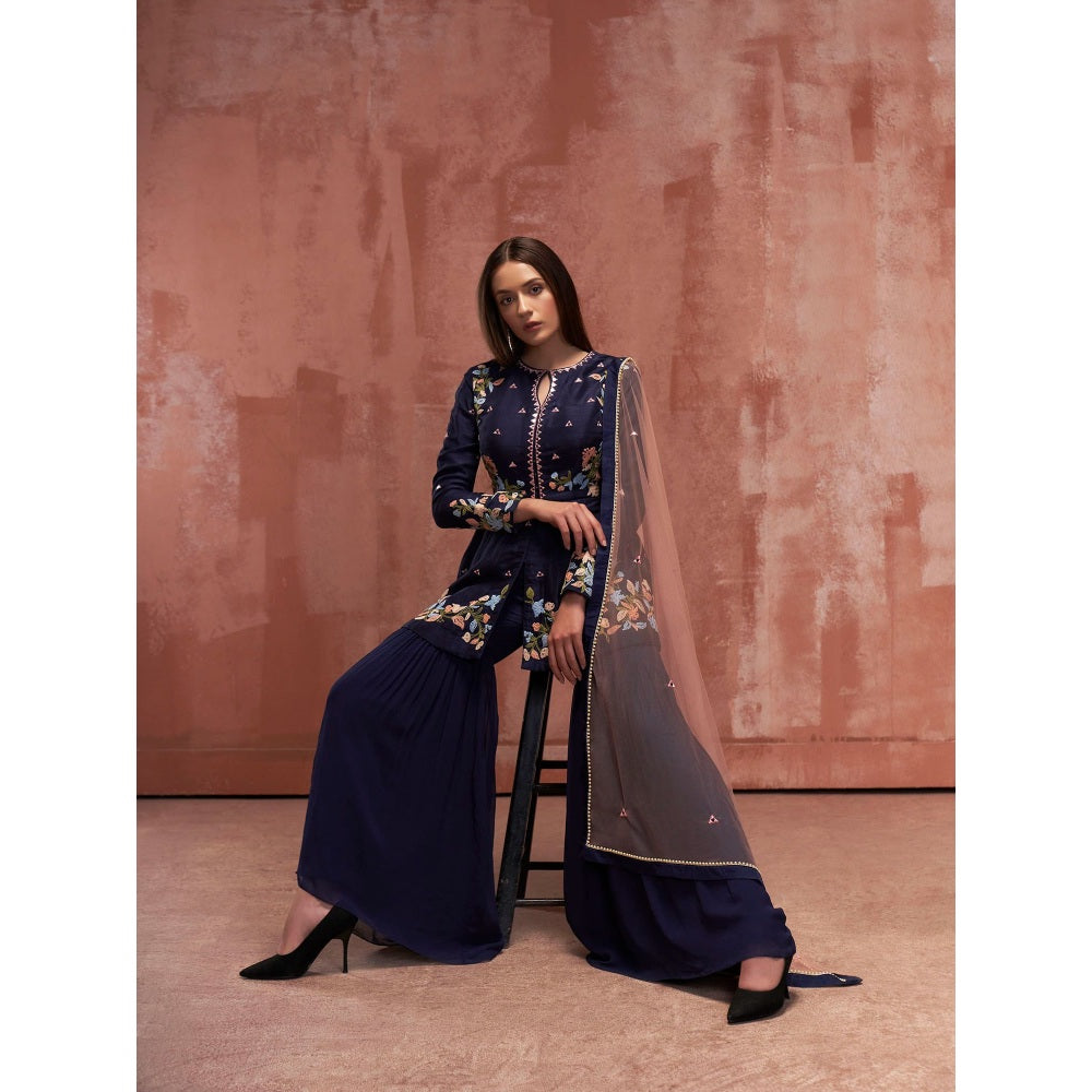 Suruchi Parakh Womens Navy Blue Mirror Work Sharara with Kurti and Dupatta (Set of 3)