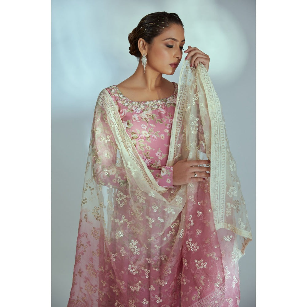 Suruchi Parakh Womens Pink Floral Print Round Neck Anarkali Kurta and Dupatta (Set of 2)
