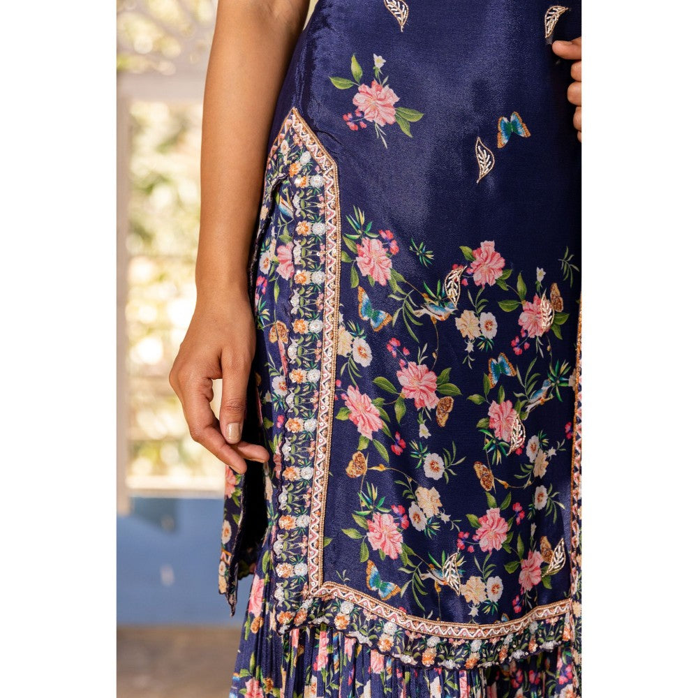 Suruchi Parakh Womens Navy Blue Embroidered Kurta with Sharara and Dupatta (Set of 3)