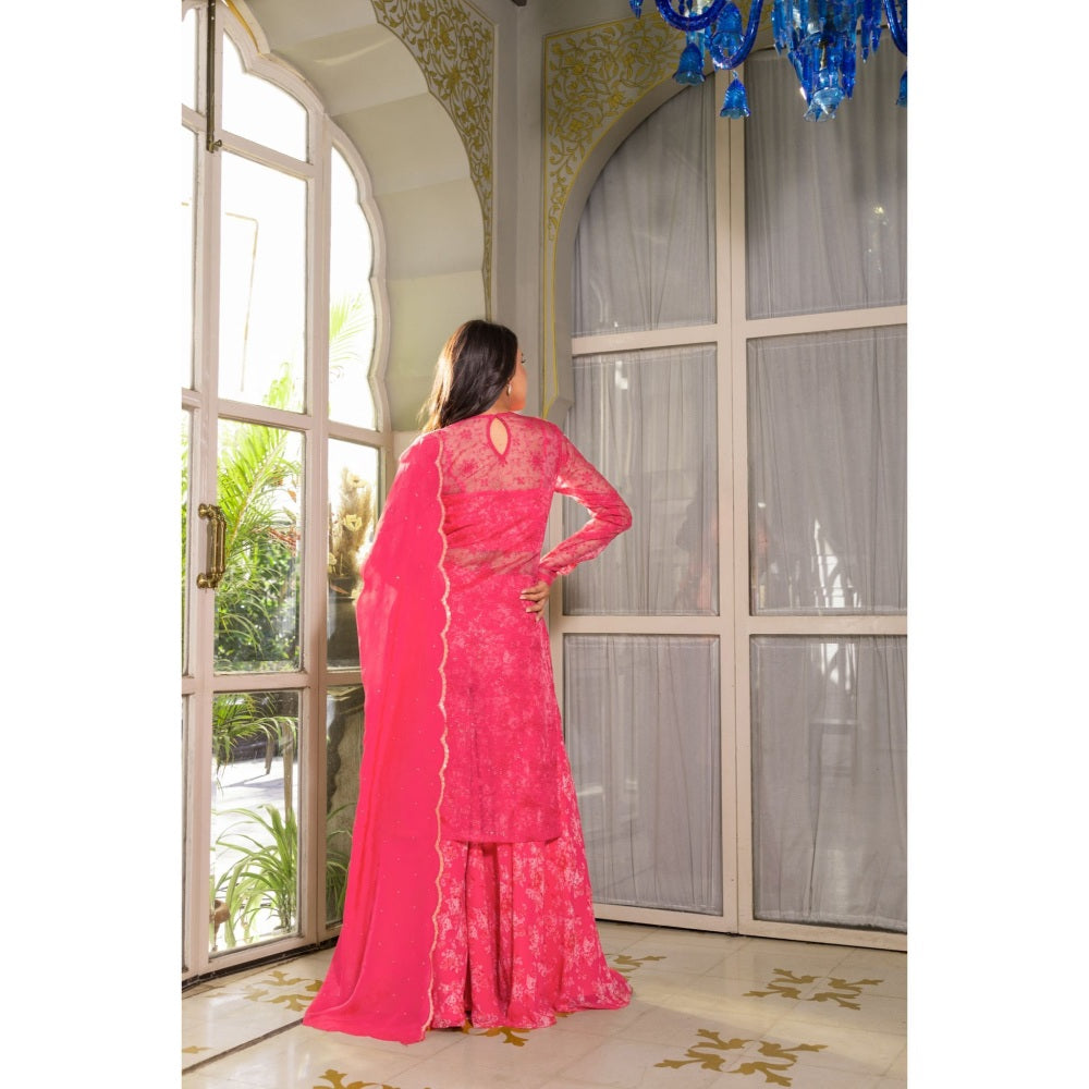 Suruchi Parakh Womens Pink Floral Print Kurta with Bustier and Palazzo Dupatta (Set of 4)