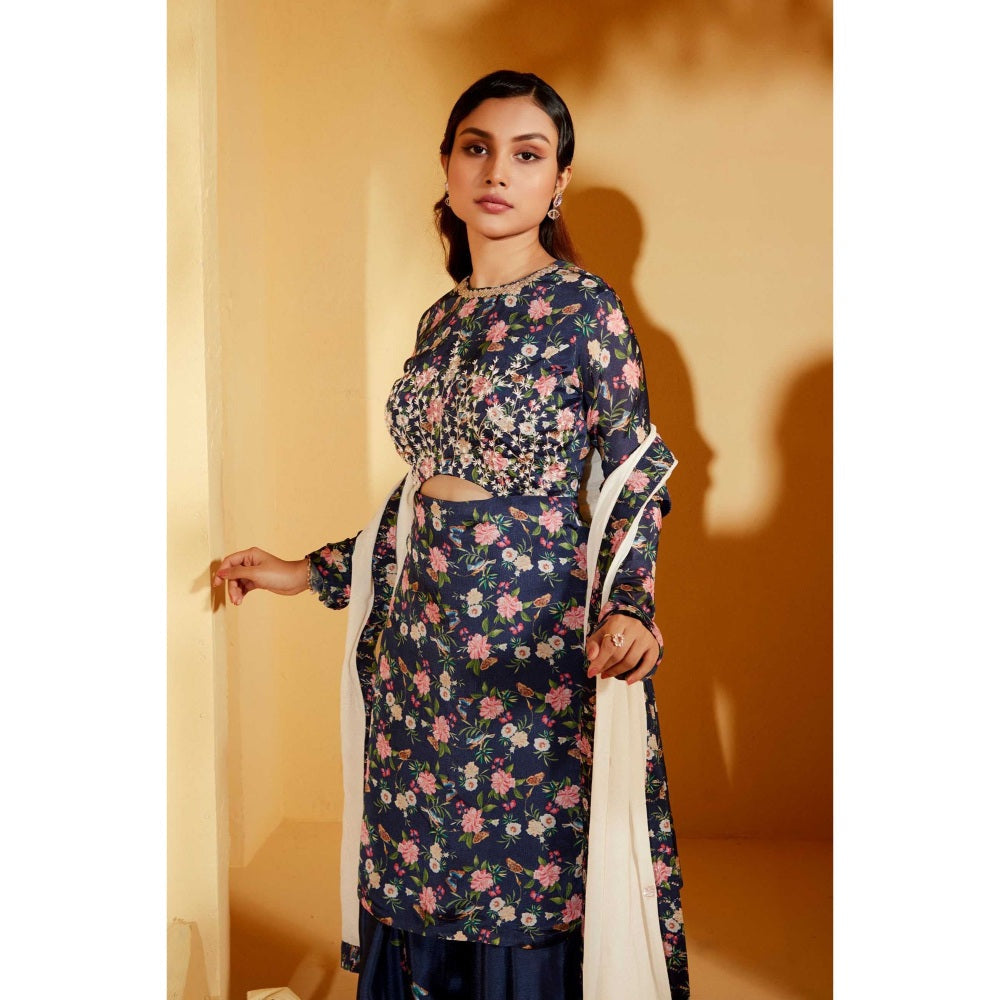 Suruchi Parakh Womens Navy Blue Floral Print Sharara with Kurta and Dupatta (Set of 3)