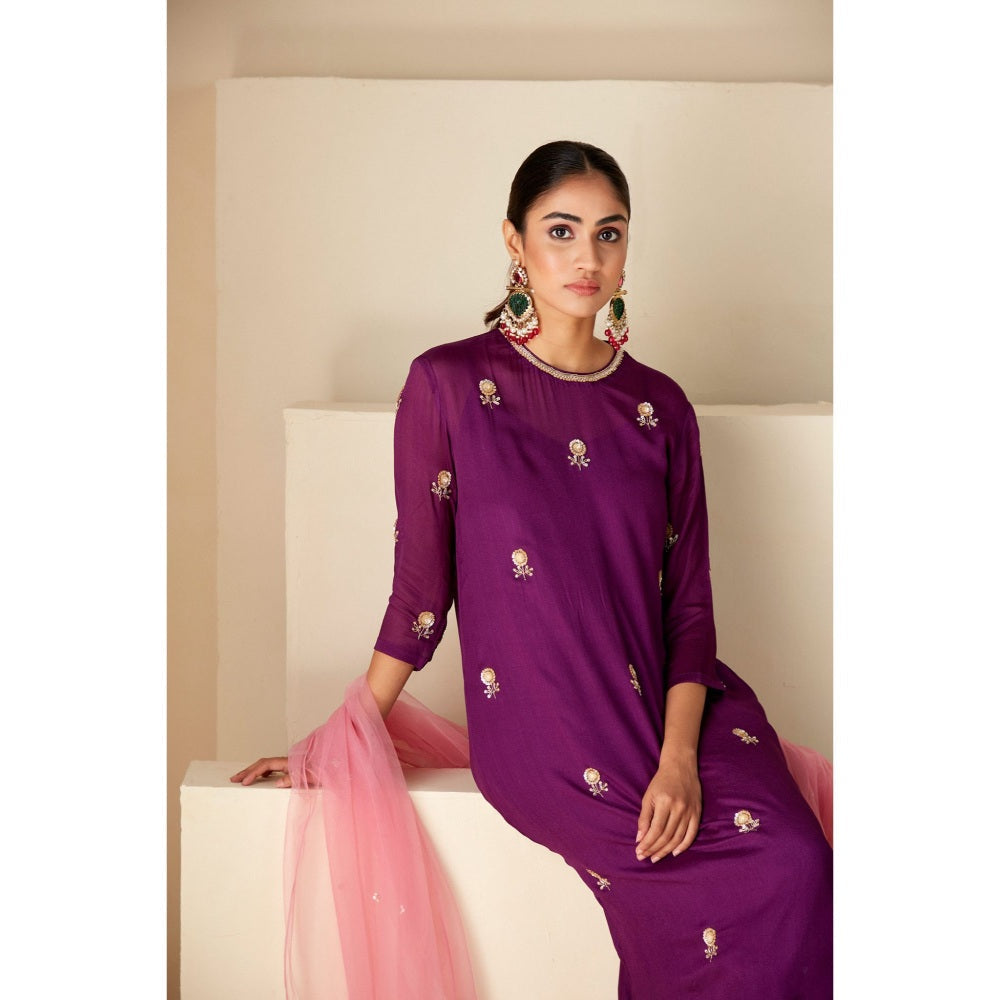 Suruchi Parakh Womens Purple Embroidered Kurta with Pant and Dupatta (Set of 3)