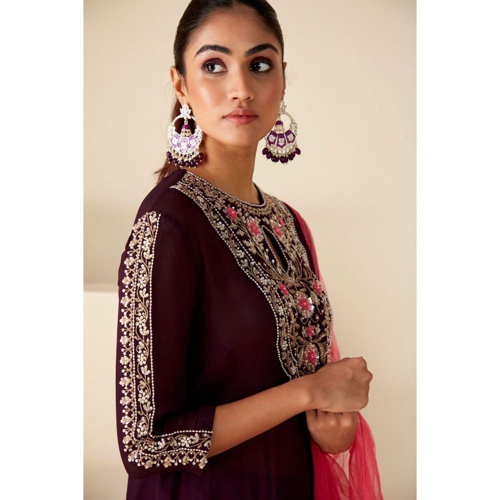 Suruchi Parakh Womens Wine Kurta with Bustier and Pant Dupatta (Set of 4)