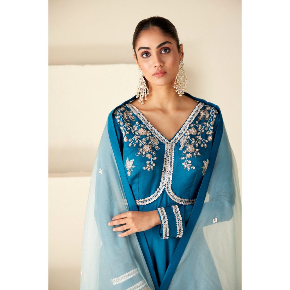 Suruchi Parakh Womens Teal Embellished Anarkali Kurta and Dupatta (Set of 2)