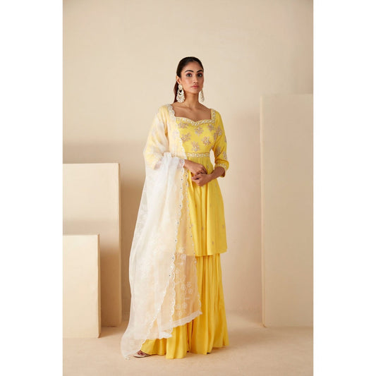 Suruchi Parakh Womens Yellow Embellished Kurta with Sharara and Dupatta (Set of 3)