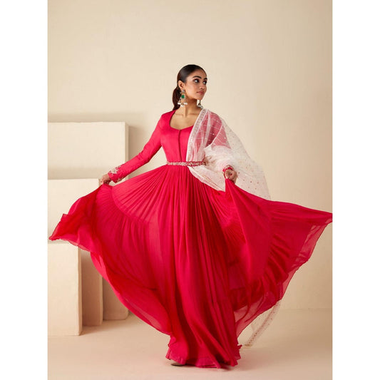 Suruchi Parakh Womens Pink Embroidered Anarkali Kurta and Dupatta (Set of 3)