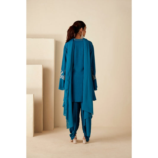 Suruchi Parakh Womens Teal Embroidered Kurta with Dhoti and Dupatta (Set of 3)