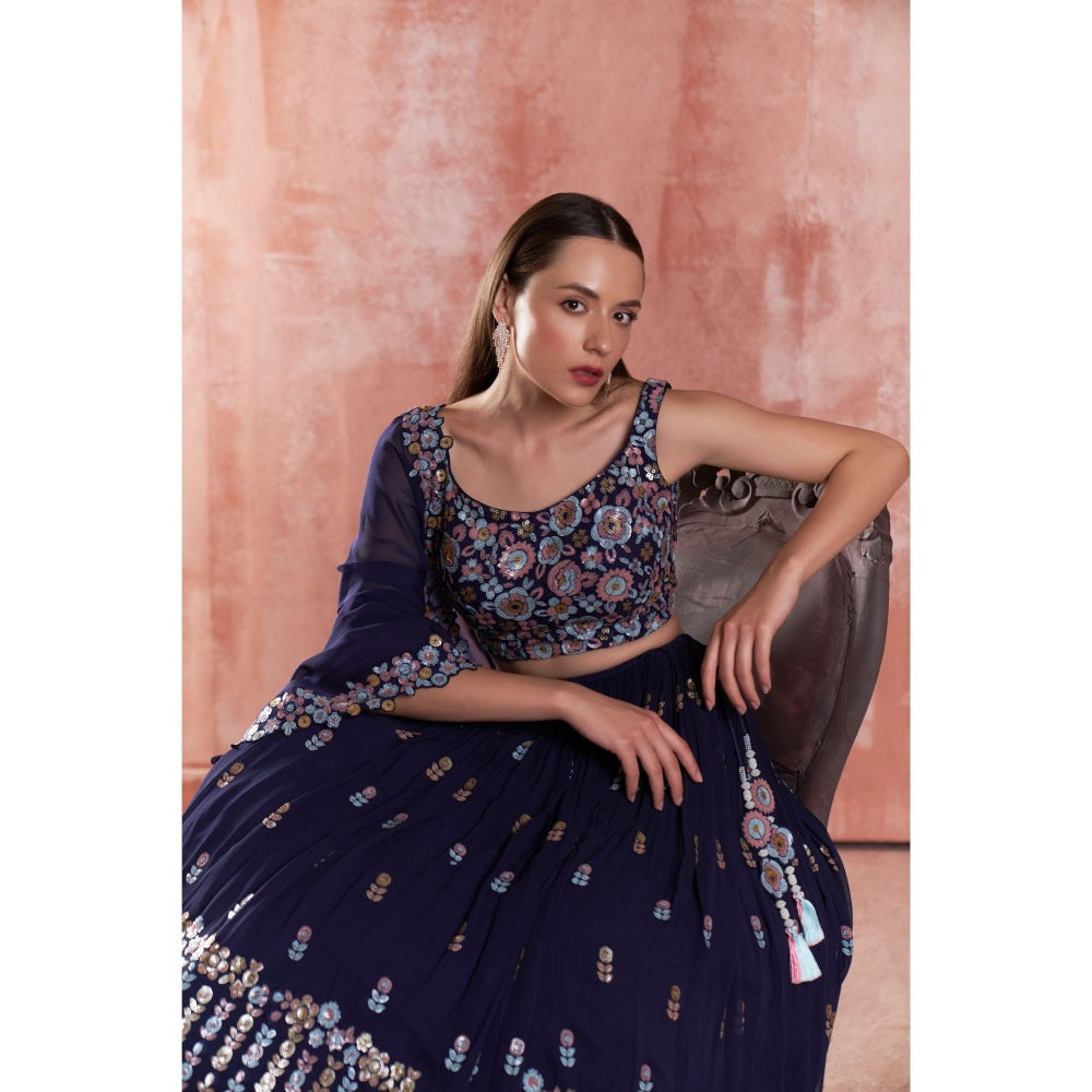 Suruchi Parakh Navy Blue Womens Embellished Blouse with Lehenga and Dupatta (Set of 3)