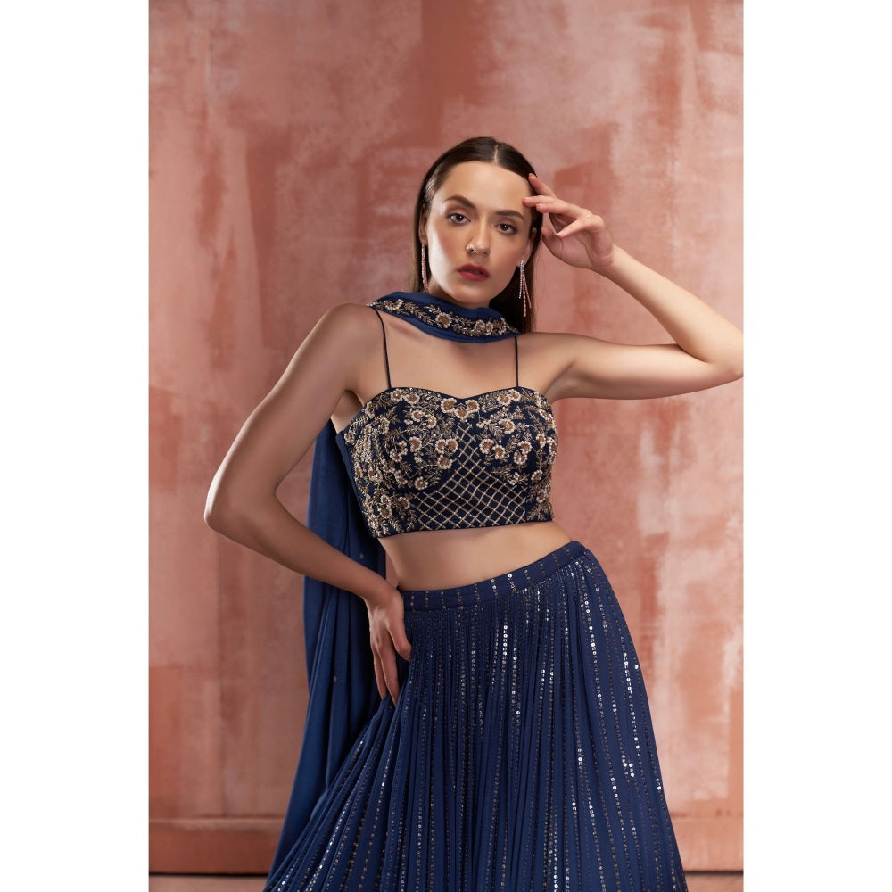 Suruchi Parakh Navy Blue Womens Embellished Blouse with Lehenga and Dupatta (Set of 3)