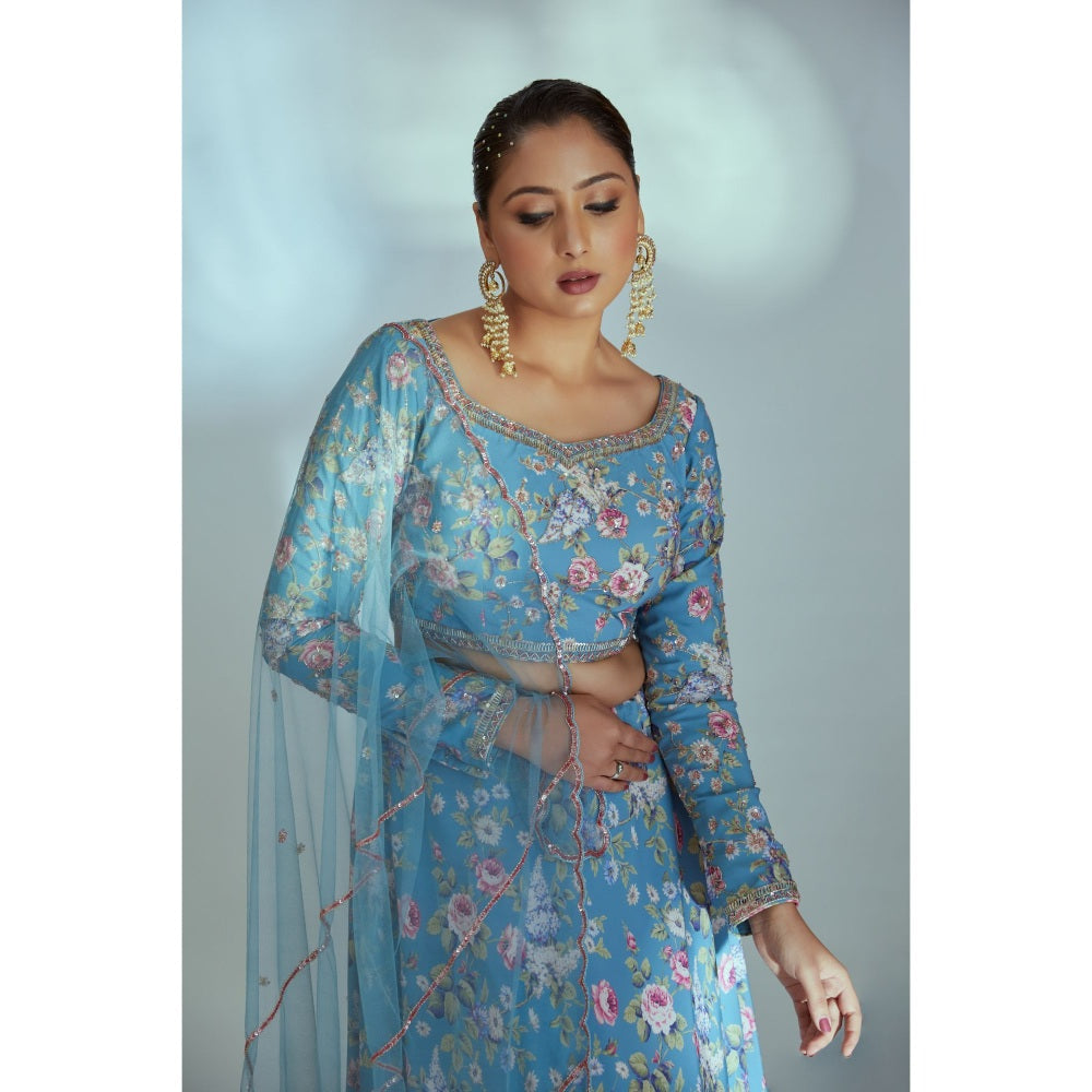 Suruchi Parakh Blue Womens Embellished Blouse with Lehenga and Dupatta (Set of 3)