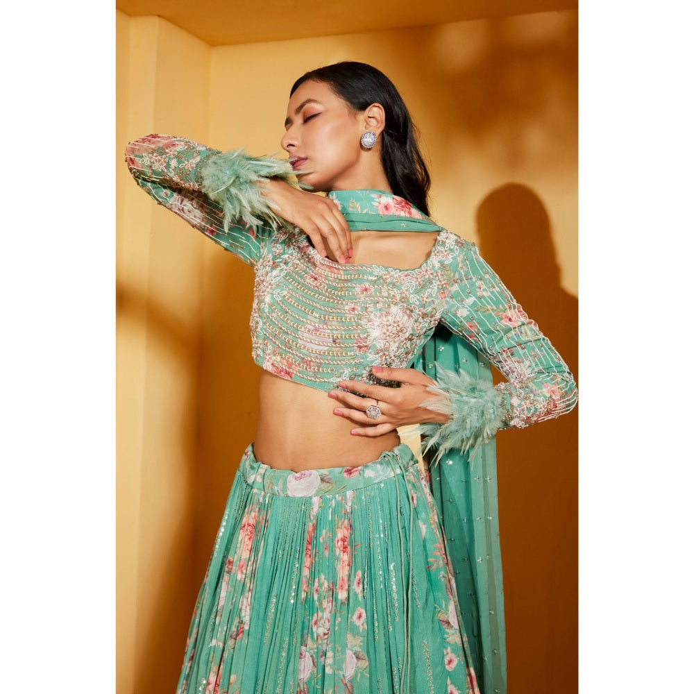 Suruchi Parakh Womens Green Floral Print Blouse with Lehenga and Dupatta (Set of 3)