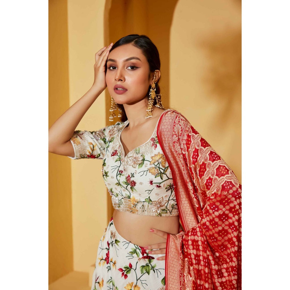 Suruchi Parakh Womens White Floral Print Blouse and Lehenga with Dupatta (Set of 3)