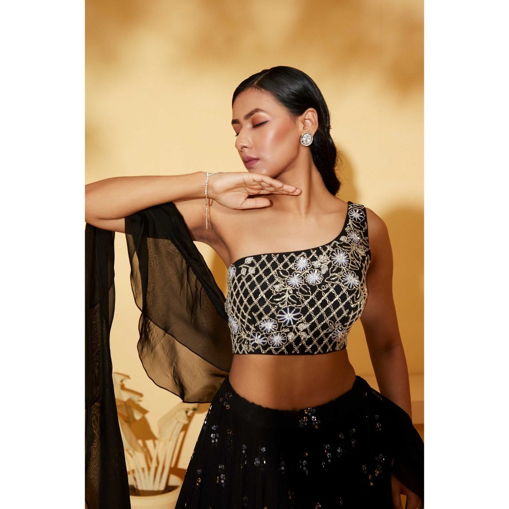 Suruchi Parakh Womens Black Embellished Blouse with Lehenga and Dupatta (Set of 3)